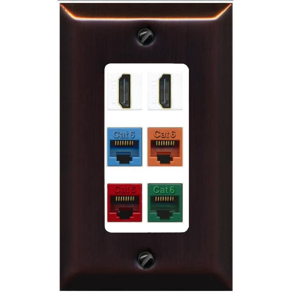 RiteAV 2 HDMI 4 Cat6 Ethernet Mixed Color Wall Plate - 1 Gang Decorative [Bronze/White]