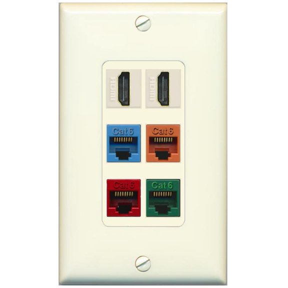 RiteAV 2 HDMI 4 Cat6 Ethernet Mixed Color Wall Plate - 1 Gang Decorative [Light-Almond]