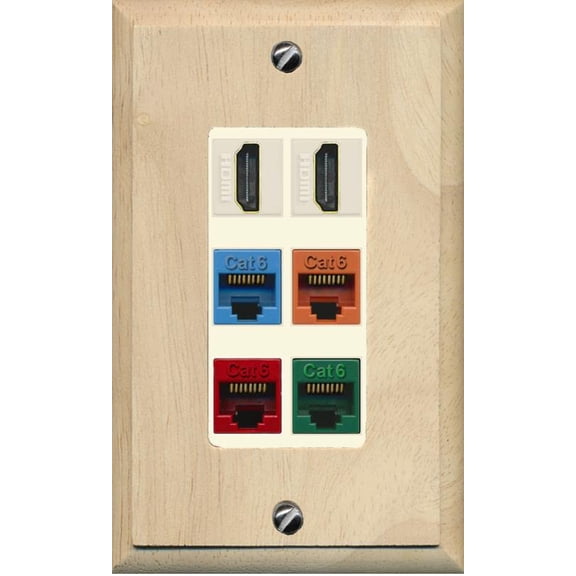 RiteAV 2 HDMI 4 Cat6 Ethernet Mixed Color Wall Plate - 1 Gang Decorative [Wood/Light-Almond]