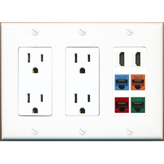 RiteAV 2 HDMI 4 Cat6 Ethernet Mixed Color Wall Plate - 3 Gang 2 Outlet [White]