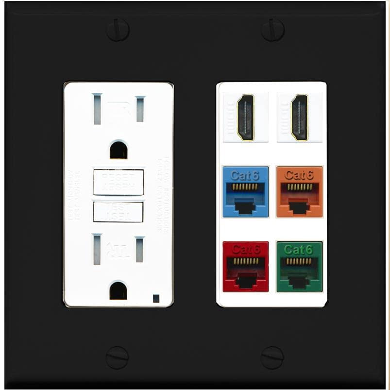 RiteAV 2 HDMI 4 Cat6 Ethernet Mixed Color Wall Plate - GFCI Outlet [Black/White]