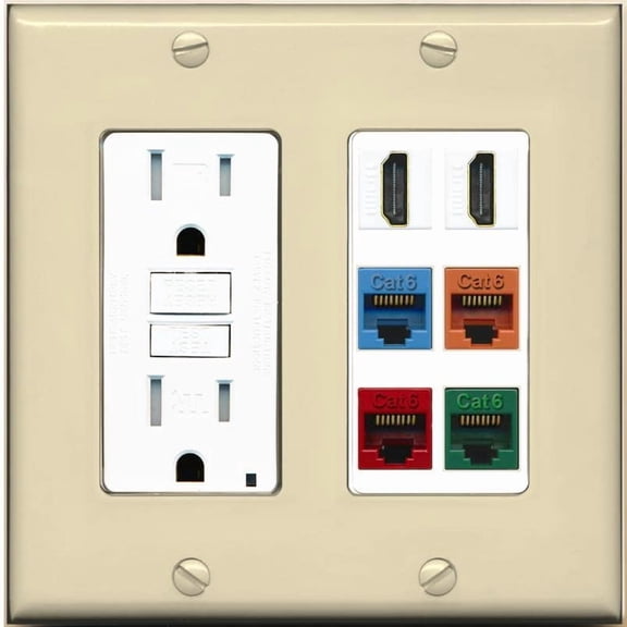 RiteAV 2 HDMI 4 Cat6 Ethernet Mixed Color Wall Plate - GFCI Outlet [Ivory/White]