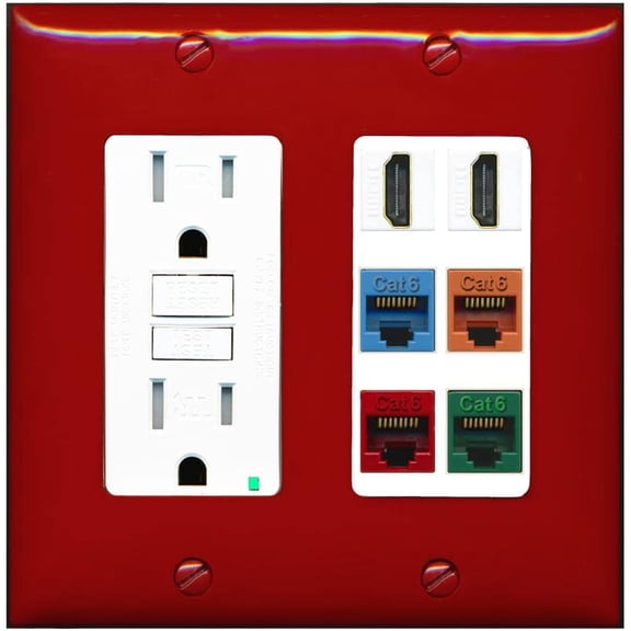 RiteAV 2 HDMI 4 Cat6 Ethernet Mixed Color Wall Plate - GFCI Outlet [Red/White]