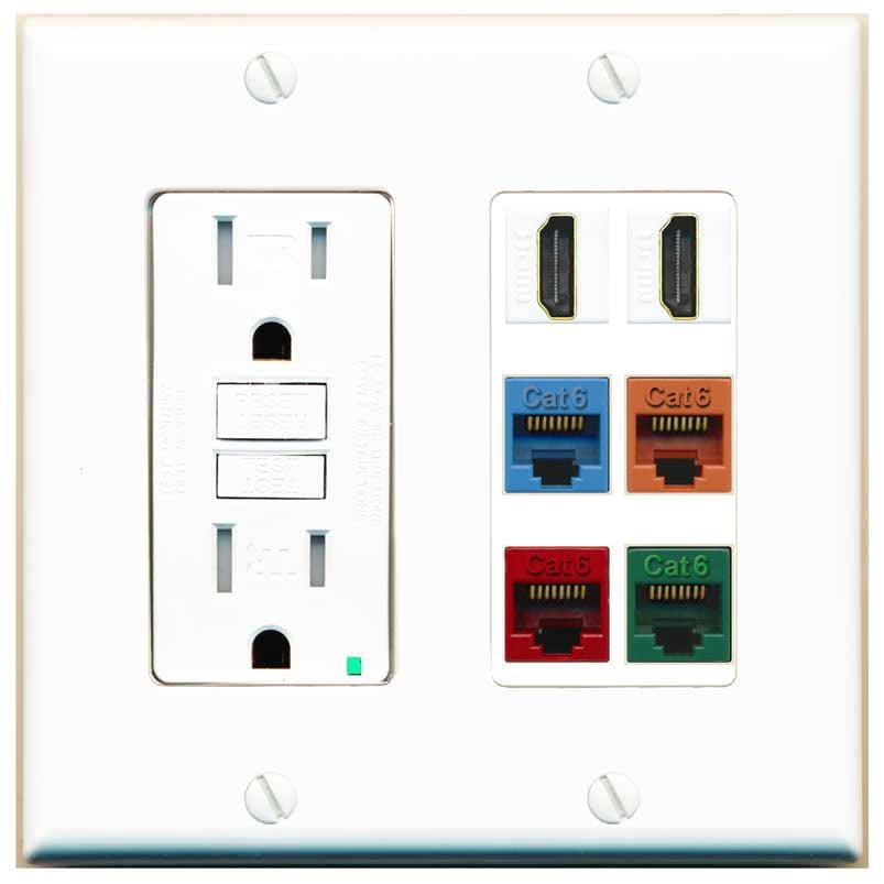 RiteAV 2 HDMI 4 Cat6 Ethernet Mixed Color Wall Plate - GFCI Outlet [White]