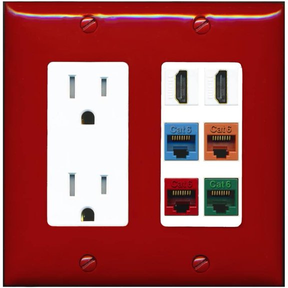 RiteAV 2 HDMI 4 Cat6 Ethernet Mixed Color Wall Plate - Tamper-Resistant Outlet [Red/White]