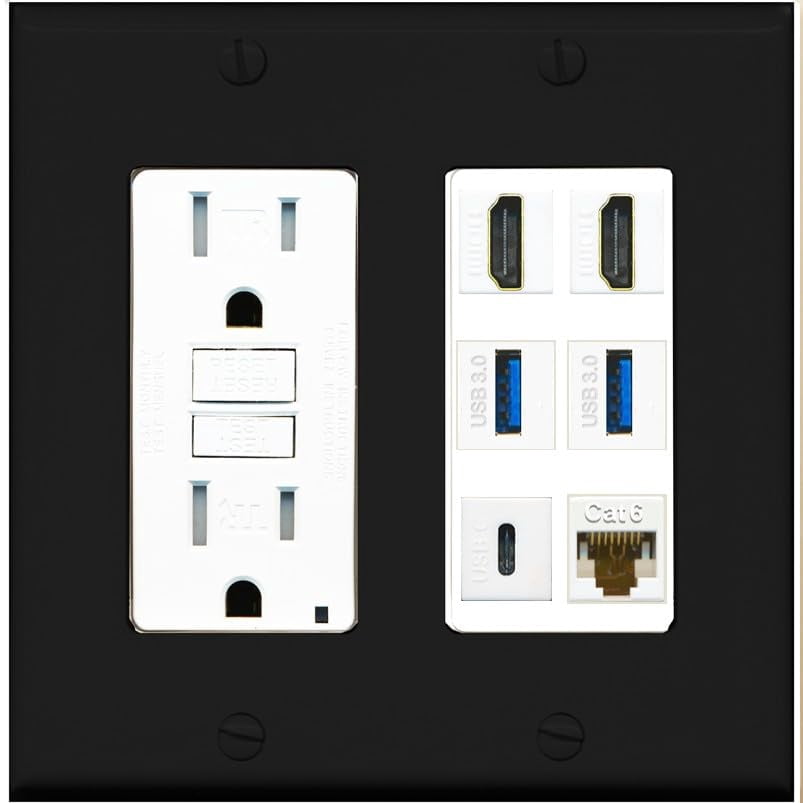 RiteAV 2 HDMI USB 3.0 Type C Cat6 RJ45 Ethernet Wall Face Plate - GFCI Outlet [Black/White]