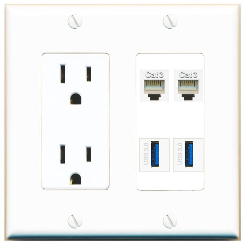 RiteAV 2 Phone 2 USB-3 Wall Plate with 15A Power Outlet [White]