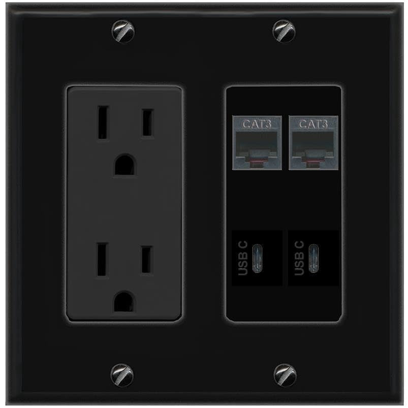 RiteAV 2 Phone 2 USBC Wall Plate with 15A Power Outlet [Black]