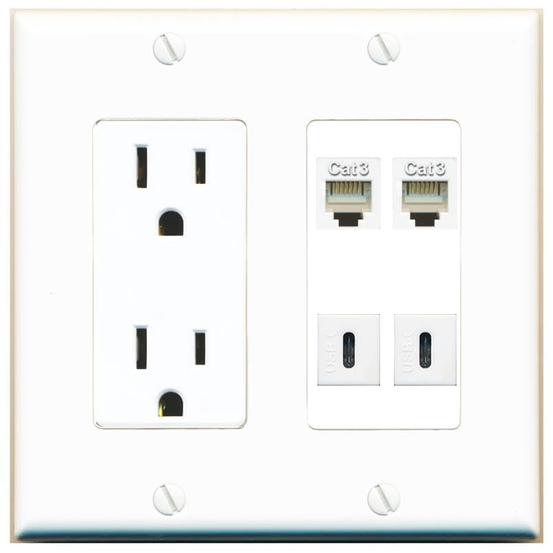 RiteAV 2 Phone 2 USBC Wall Plate with 15A Power Outlet [White]