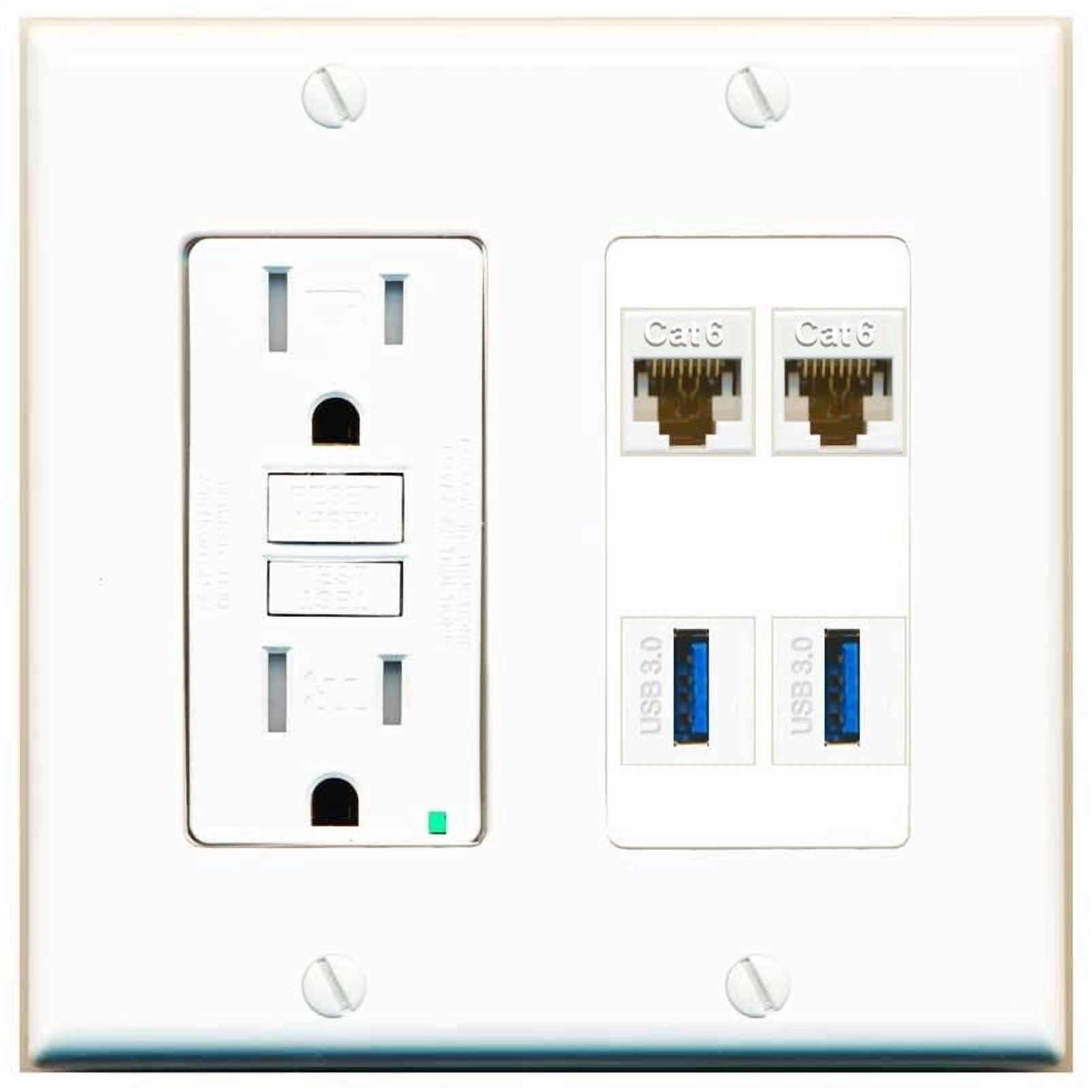 RiteAV 2 Port Cat6 2 USB3 Wall Plate - GFCI Outlet [White]