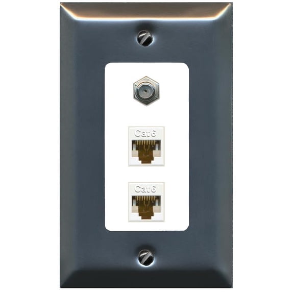 RiteAV 2 Port Cat6-Ethernet 1 Coax Cable TV Jack Decorative Wall Plate - 1 Gang [Brushed-Nickel/White]
