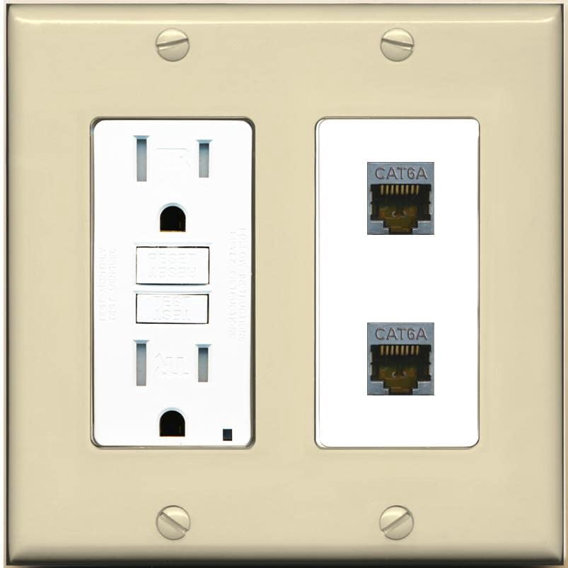 RiteAV 2 Port Cat6A Wall Plate - GFCI Outlet [Ivory/White]