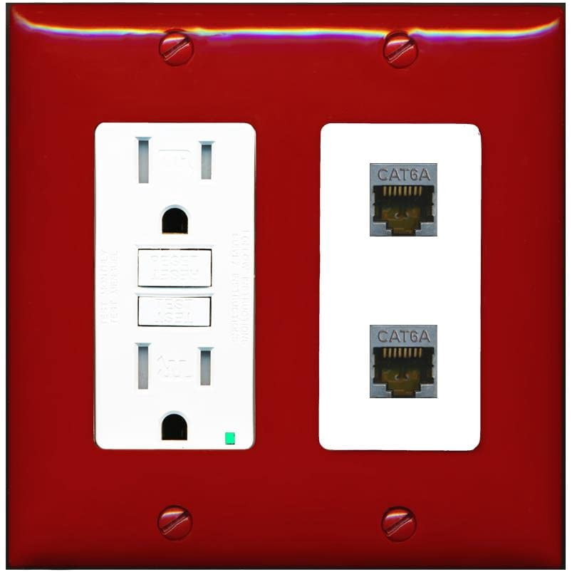 RiteAV 2 Port Cat6A Wall Plate - GFCI Outlet [Red/White]