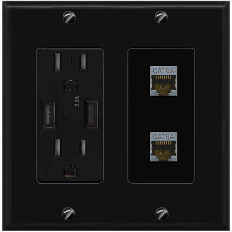 RiteAV 2 Port Cat6A Wall Plate - USB Outlet [Black/Black]