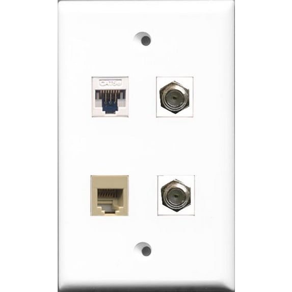 RiteAV - 2 Port Coax Cable TV- F-Type and 1 Port Phone RJ11 RJ12 Beige and 1 Port Cat5e Ethernet White Wall Plate