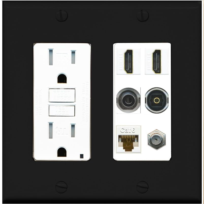 RiteAV 2 Port HDMI 1 Coax CAT6 3.5mm Toslink Jack Wall Plate - GFCI Outlet [Black/White]