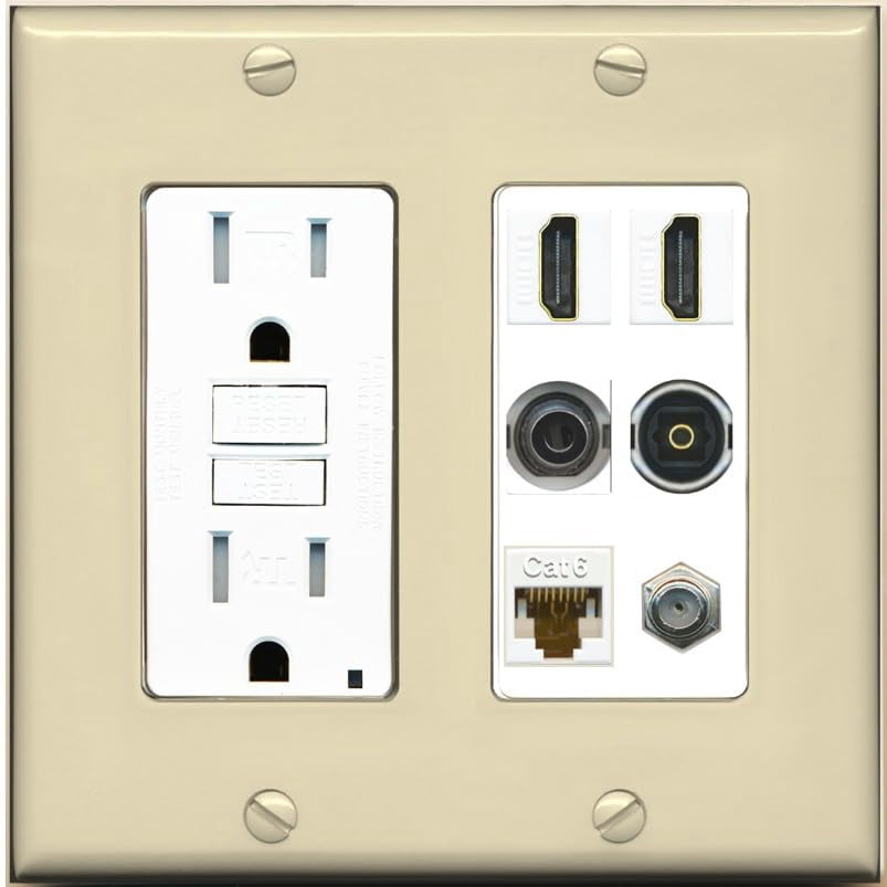 RiteAV 2 Port HDMI 1 Coax CAT6 3.5mm Toslink Jack Wall Plate - GFCI Outlet [Ivory/White]