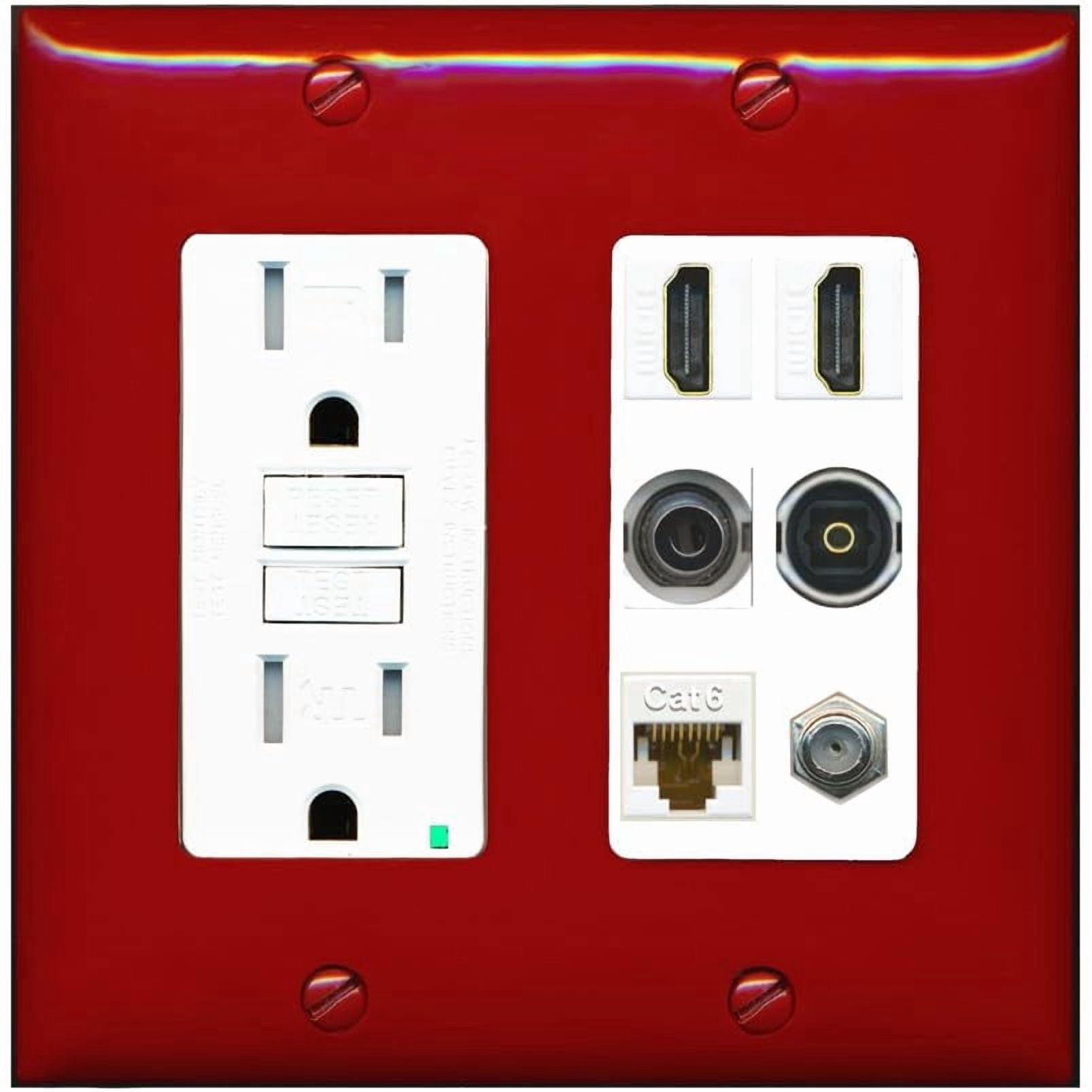 RiteAV 2 Port HDMI 1 Coax CAT6 3.5mm Toslink Jack Wall Plate - GFCI Outlet [Red/White]