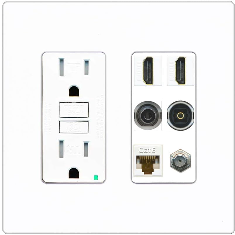 RiteAV 2 Port HDMI 1 Coax CAT6 3.5mm Toslink Jack Wall Plate - GFCI Outlet [Screwless White]