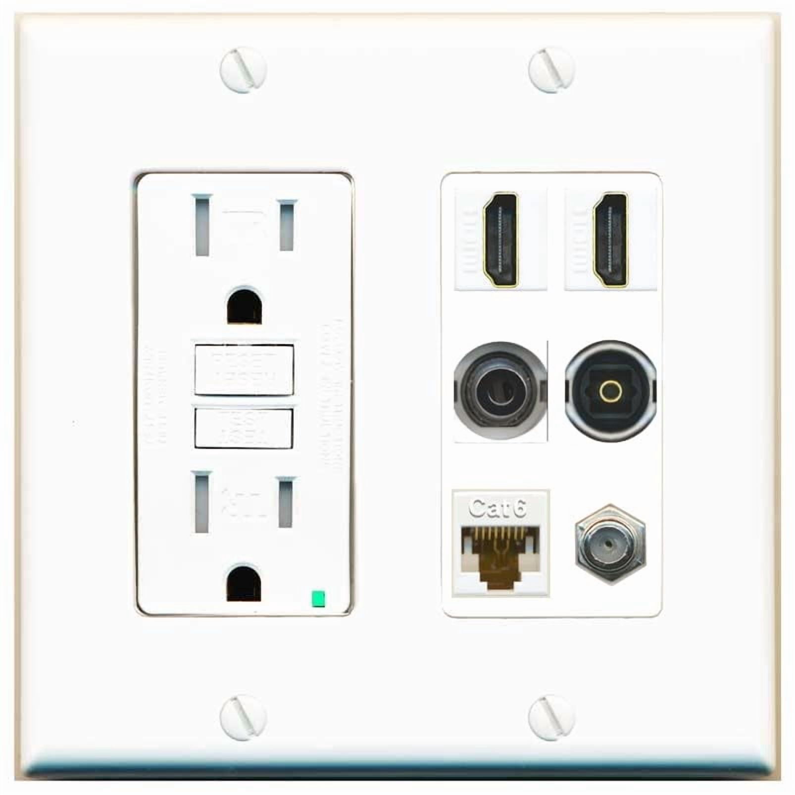 RiteAV 2 Port HDMI 1 Coax CAT6 3.5mm Toslink Jack Wall Plate - GFCI Outlet [White]