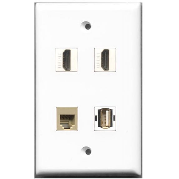 RiteAV - 2 Port HDMI 1 Port USB A-A 1 Port Phone RJ11 RJ12 Beige Wall Plate