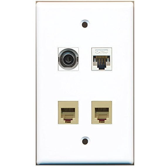 RiteAV - 2 Port Phone RJ11 RJ12 Beige 1 Port 3.5mm 1 Port Cat5e Ethernet White Wall Plate