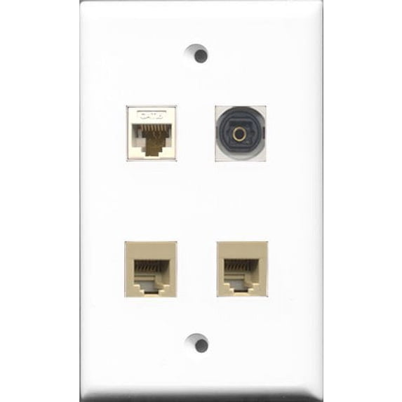 RiteAV - 2 Port Phone RJ11 RJ12 Beige and 1 Port Toslink and 1 Port Cat6 Ethernet White Wall Plate