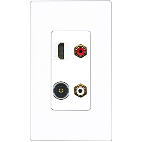 RiteAV 2 Port RCA (Red-White) 1 HDMI Toslink-Optical Wall Plate - 1 Gang Decorative [Screwless White]