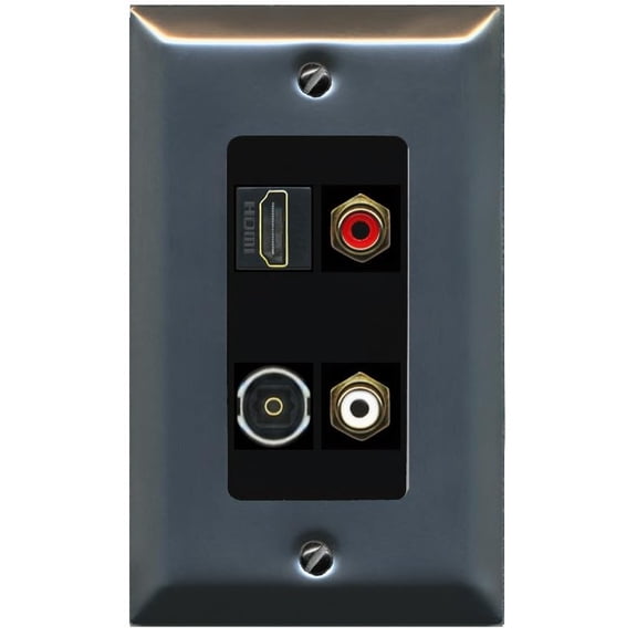 RiteAV 2 Port RCA (Red-White) 1 HDMI Toslink-Optical Wall Plate - 1 Gang Decorative [Stainless/Black]