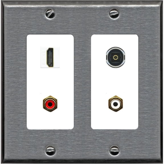 RiteAV 2 Port RCA (Red-White) 1 HDMI Toslink-Optical Wall Plate - 2 Gang [Stainless/White]