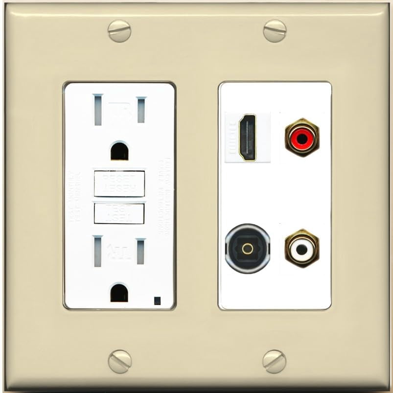 RiteAV 2 Port RCA (Red-White) 1 HDMI Toslink-Optical Wall Plate - GFCI Outlet [Ivory/White]