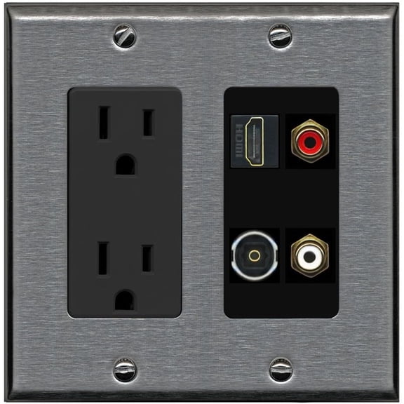 RiteAV 2 Port RCA (Red-White) 1 HDMI Toslink-Optical Wall Plate - Outlet [Stainless/Black]