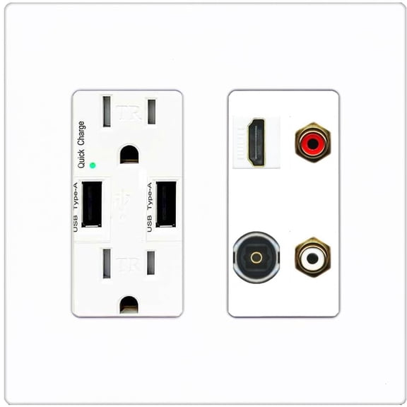 RiteAV 2 Port RCA (Red-White) 1 HDMI Toslink-Optical Wall Plate - USB Charger Outlet [Screwless White]