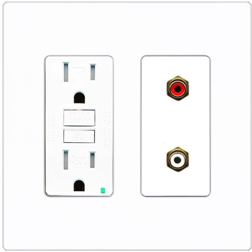 RiteAV 2 Port RCA (Red-White) Wall Plate - GFCI Outlet [Screwless White]