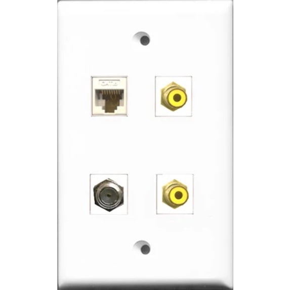 RiteAV - 2 Port RCA Yellow and 1 Port Coax Cable TV- F-Type and 1 Port Cat6 Ethernet White Wall Plate