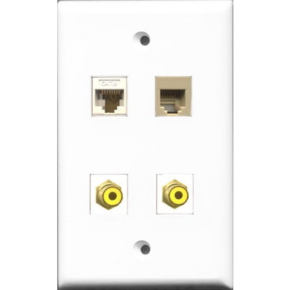 RiteAV - 2 Port RCA Yellow and 1 Port Phone RJ11 RJ12 Beige and 1 Port Cat6 Ethernet White Wall Plate