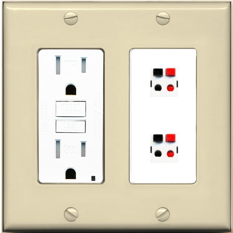 RiteAV 2 Port Speaker Wire Plug Jack Wall Plate - GFCI Outlet [Ivory/White]