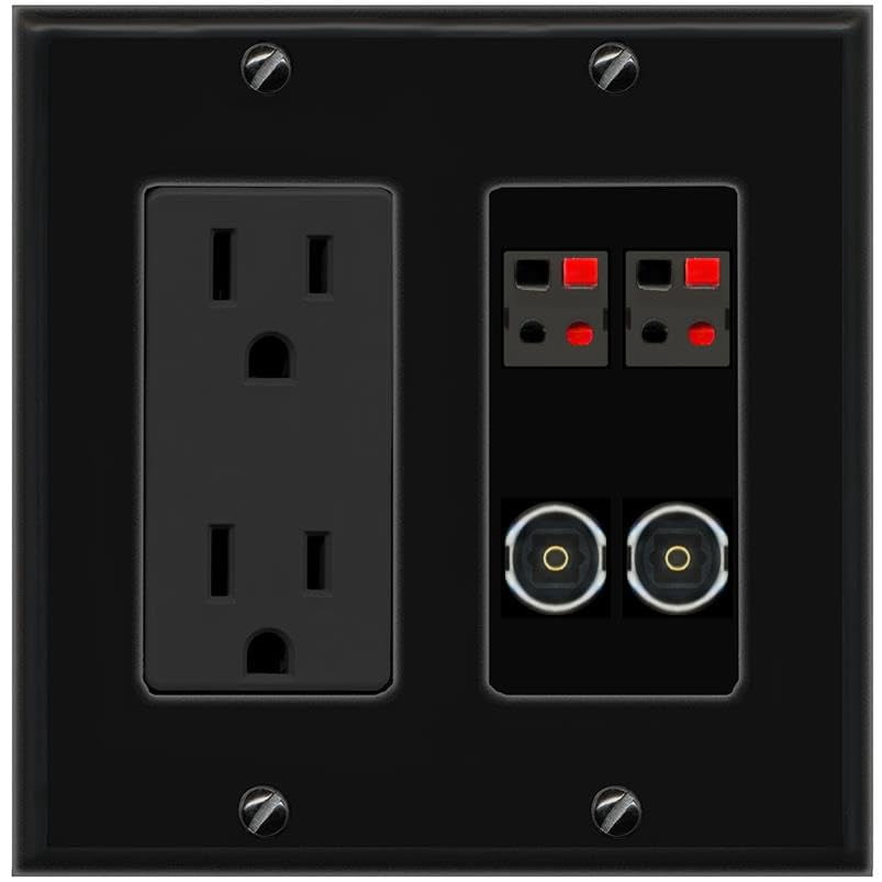 RiteAV 2 Speaker 2 TOSLINK Wall Plate with 15A Power Outlet [Black]