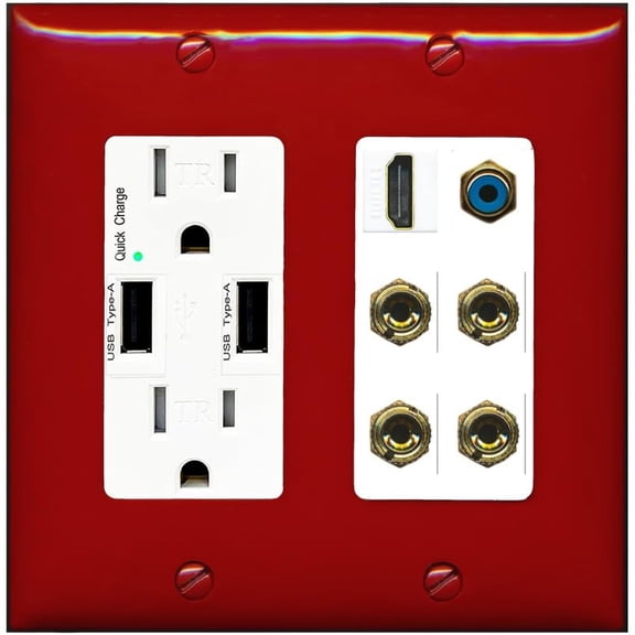 RiteAV 2 Speaker 4 Banana Binding Post HDMI RCA Wall Plate - USB Outlet [Red/White]