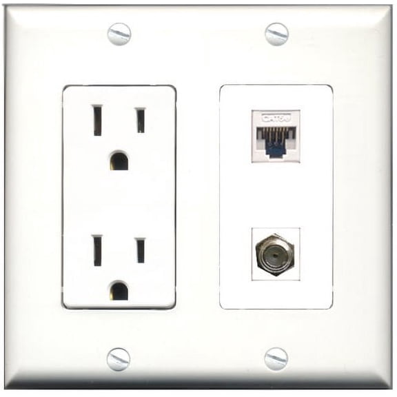 RiteAV - 2 x 15 Amp 125V Power GFCI Outlet 1 x Cat5e Ethernet and 1 x Coax Cable TV Port Custom Wall Plate White