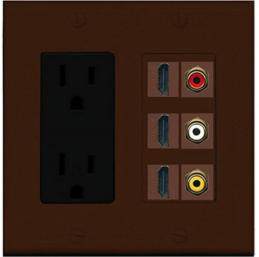 RiteAV - 2 x 15 Amp 125V Power Outlet 3 x HDMI and 3 x RCA Port Wall Plate - Brown