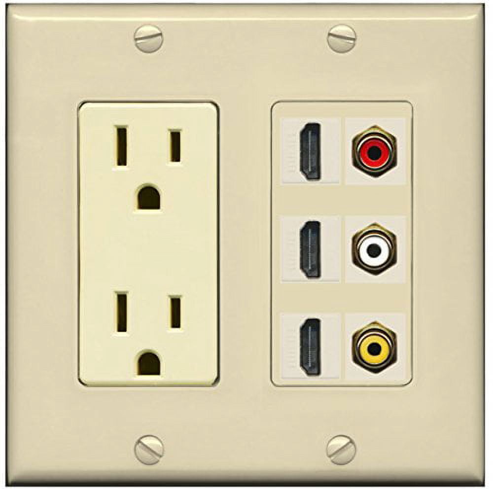 RiteAV - 2 x 15 Amp 125V Power Outlet 3 x HDMI and 3 x RCA Port Wall Plate - Ivory