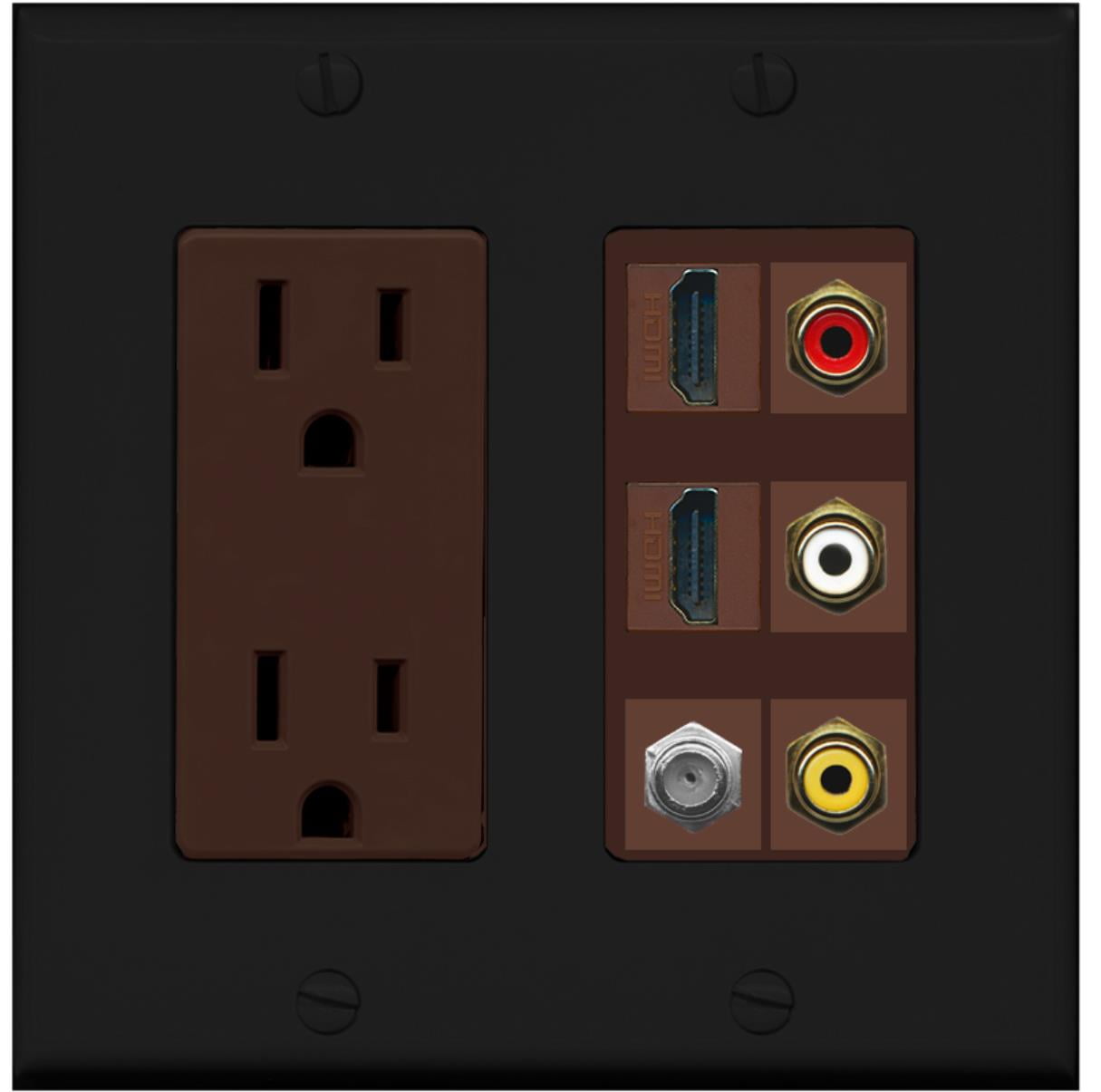 RiteAV - 2 x 15 Amp 125V Power Outlet 3 x RCA - 2 X HDMI and 1 x Coax Cable TV Port Wall Plate - Black/Brown