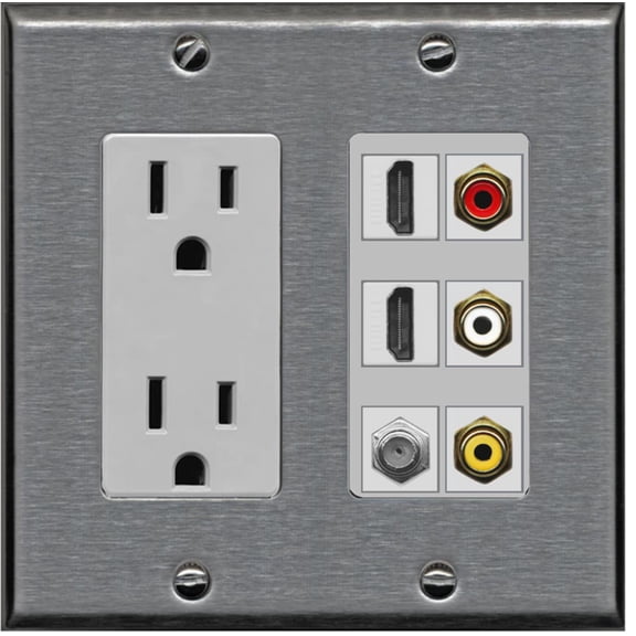 RiteAV - 2 x 15 Amp 125V Power Outlet 3 x RCA - 2 X HDMI and 1 x Coax Cable TV Port Wall Plate - Stainless/Gray