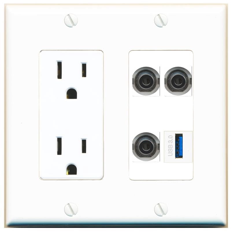 RiteAV 3 3.5mm USB-3 Wall Plate with 15A Power Outlet [White]