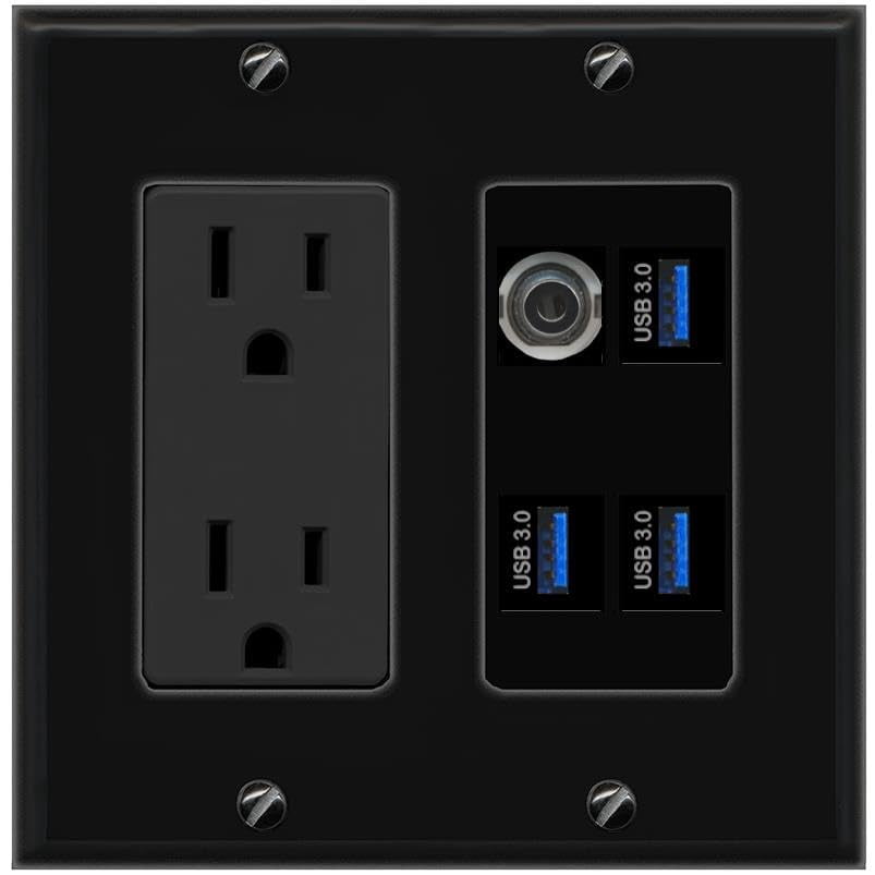 RiteAV 3.5mm 3 USB-3 Wall Plate with 15A Power Outlet [Black]