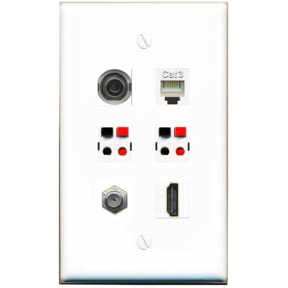 RiteAV 3.5mm Coax HDMI Phone 2 Speaker Flat/Solid Wall Plate [White]