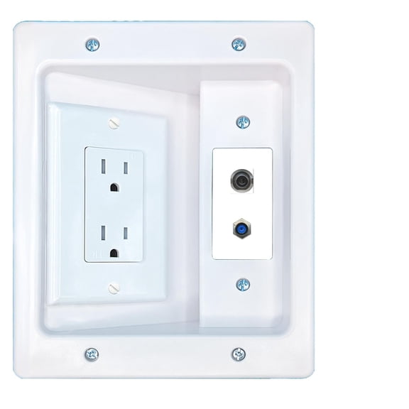RiteAV 3.5mm F81 Recessed Wall Plate Cable Concealer Management Kit with Power Outlet Hides Cords and Cables