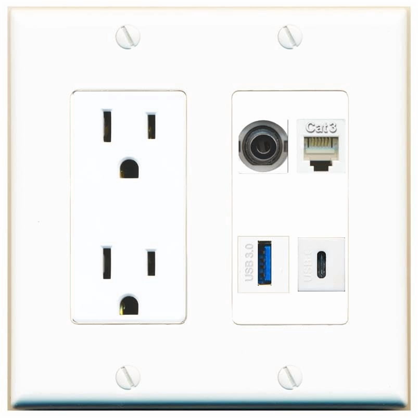 RiteAV 3.5mm Phone USB-3 USBC Wall Plate with 15A Power Outlet [White]