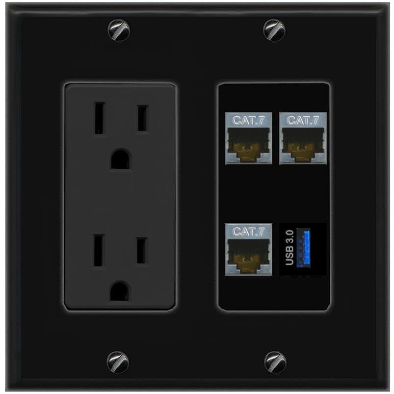 RiteAV 3 CAT7 USB-3 Wall Plate with 15A Power Outlet [Black]